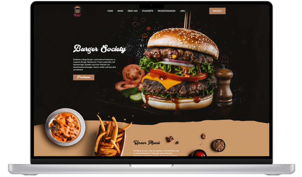 Webdesign auf dem Laptop für ein Burger Restaurant